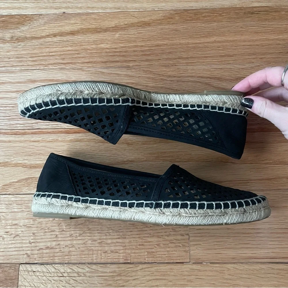 Frye Lee A Line Black Nubuck Leather Perforated Slip On Espadrille Flats Sz 6.5